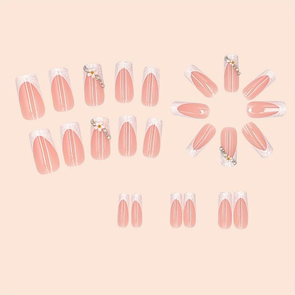 Long Square Shape Nails Glitter Pinkish French - Image 3