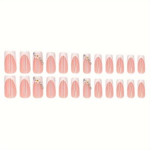 Long Square Shape Nails Glitter Pinkish French - Image 5