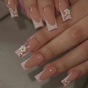 Long Square Shape Nails Glitter Pinkish French