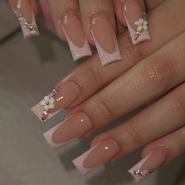 Long Square Shape Nails Glitter Pinkish French