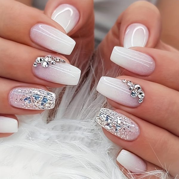 24pcs Glossy Short Coffin Pink And White French