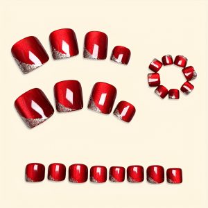 Glossy Shiny Cat Eye Press On Toenails Red French - Image 6