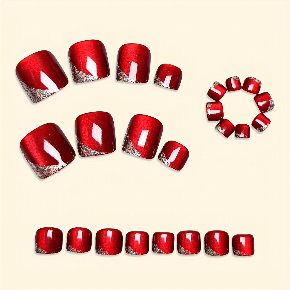 Glossy Shiny Cat Eye Press On Toenails Red French - Image 6