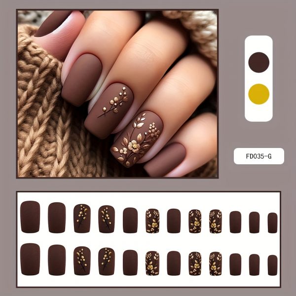 Medium Square Press On Nails - Brown & Golden French Style - Image 2