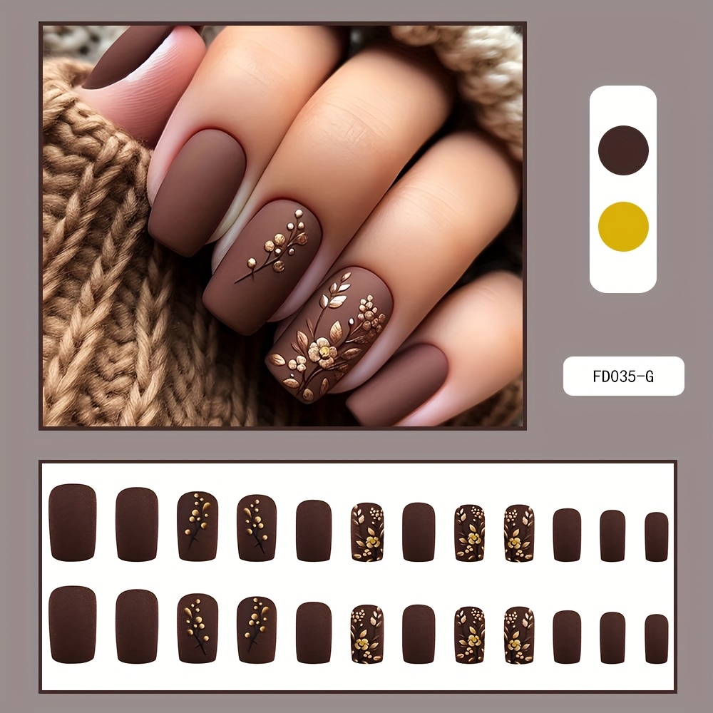 Medium Square Press On Nails - Brown & Golden French Style - Image 2