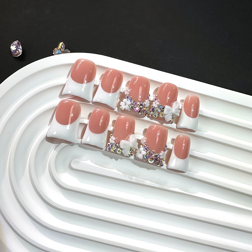 Duckbill Shape Short White French Style with AB Rhinestone - Image 8