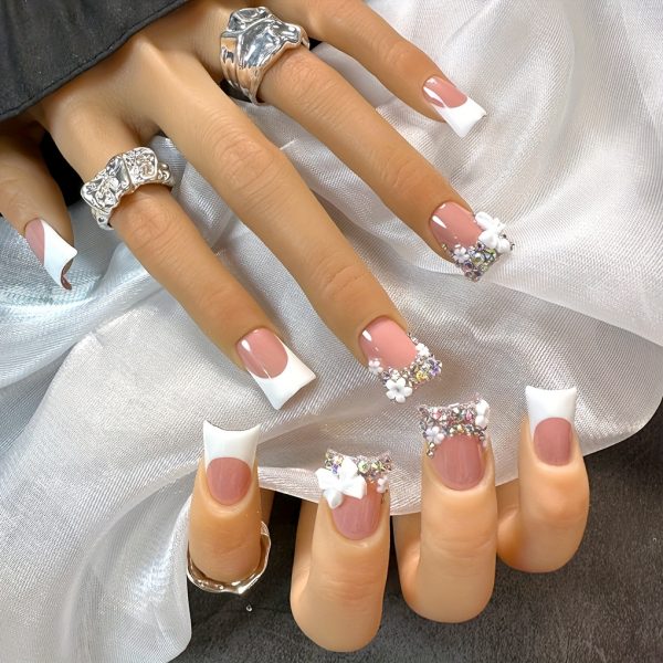Duckbill Shape Short White French Style with AB Rhinestone - Image 7