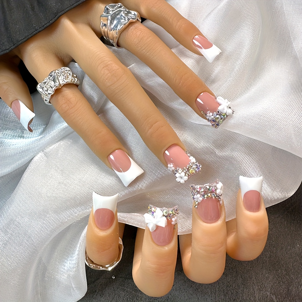 Duckbill Shape Short White French Style with AB Rhinestone - Image 7