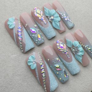 Square Nude Color, French Blue-green Mint Green Sparkling Nail Art - Image 8