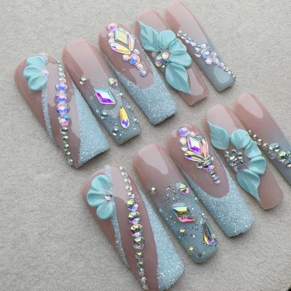 Square Nude Color, French Blue-green Mint Green Sparkling Nail Art - Image 8