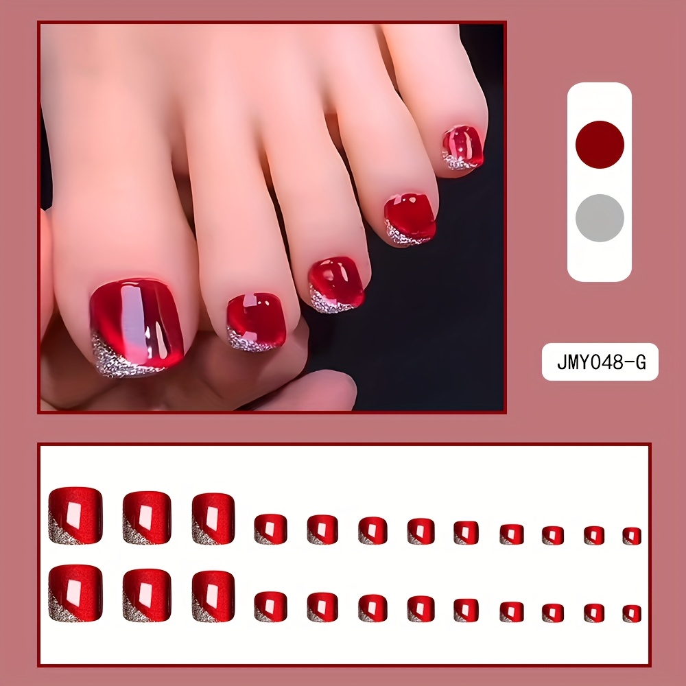Glossy Shiny Cat Eye Press On Toenails Red French - Image 3