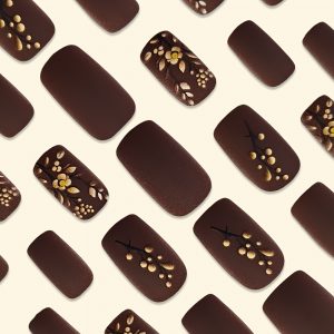 Medium Square Press On Nails - Brown & Golden French Style - Image 3