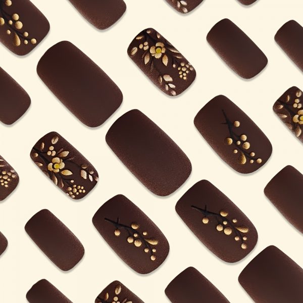 Medium Square Press On Nails - Brown & Golden French Style - Image 3