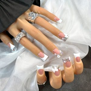 Duckbill Shape Short White French Style with AB Rhinestone - Image 3