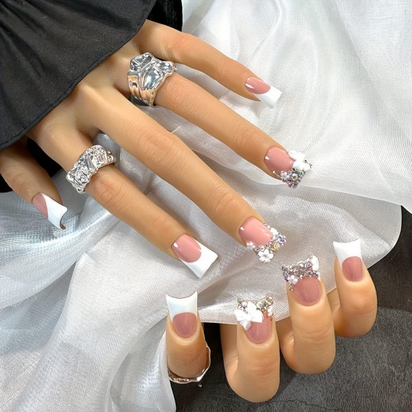 Duckbill Shape Short White French Style with AB Rhinestone - Image 3
