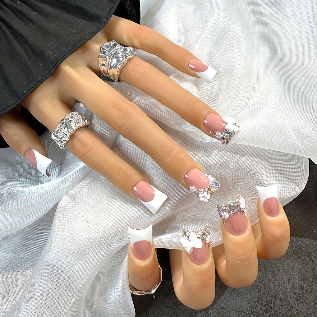 Duckbill Shape Short White French Style with AB Rhinestone - Image 3