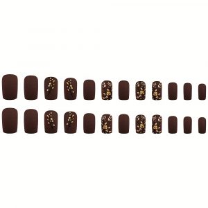 Medium Square Press On Nails - Brown & Golden French Style - Image 7