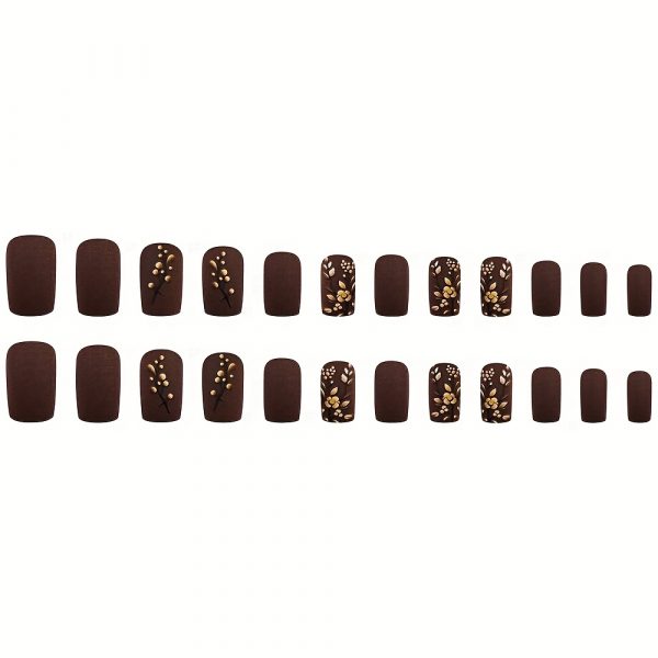Medium Square Press On Nails - Brown & Golden French Style - Image 7