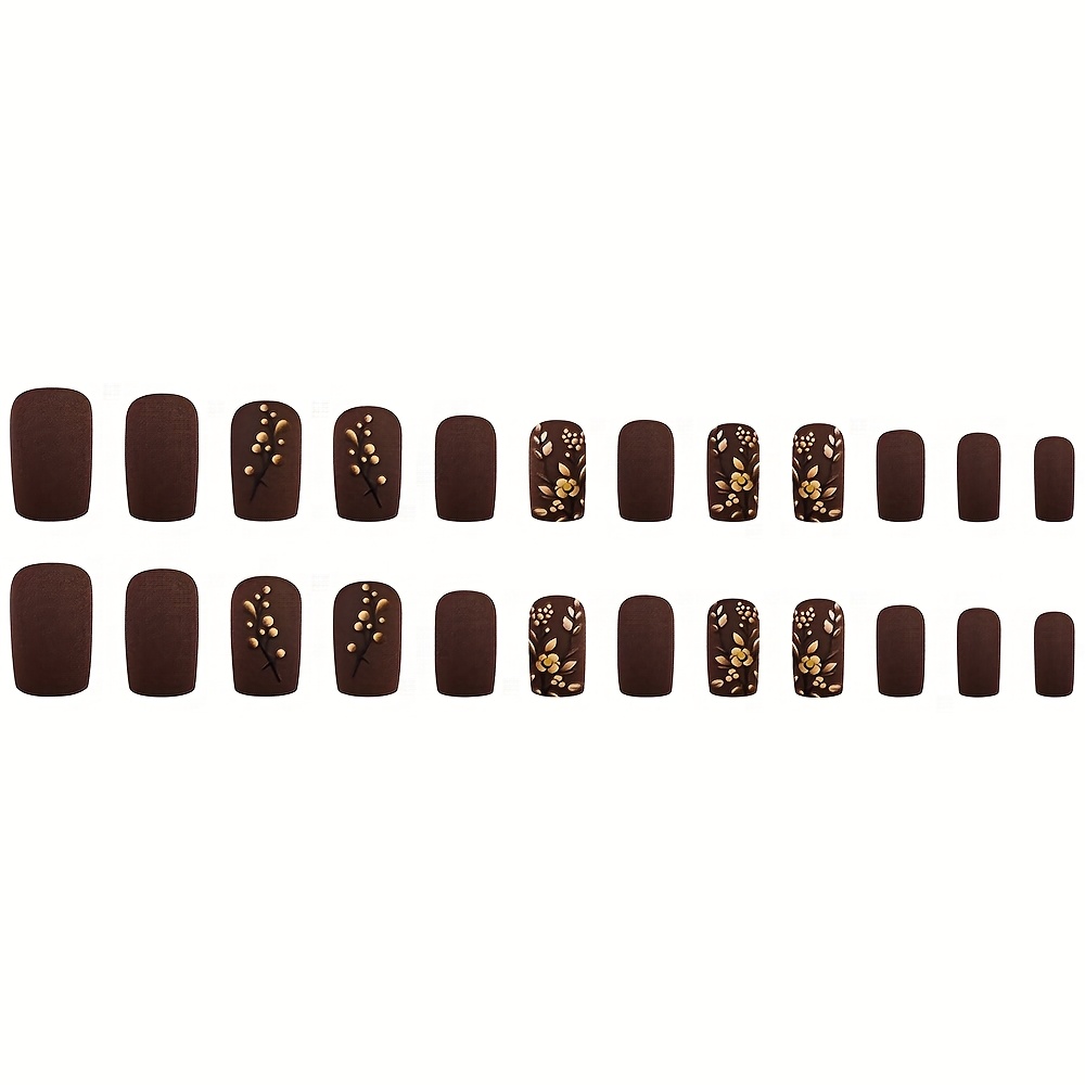 Medium Square Press On Nails - Brown & Golden French Style - Image 7