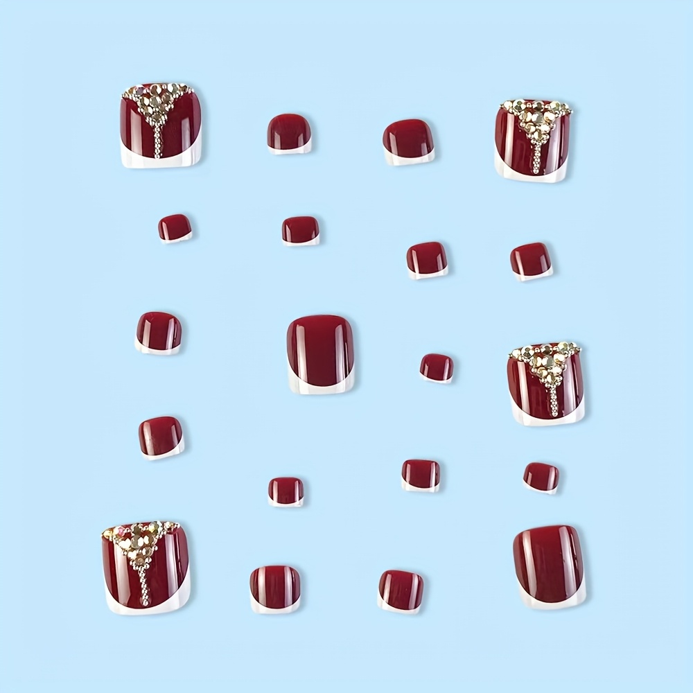 Red & White Glossy Press-On Toenails - Short Square - Image 3