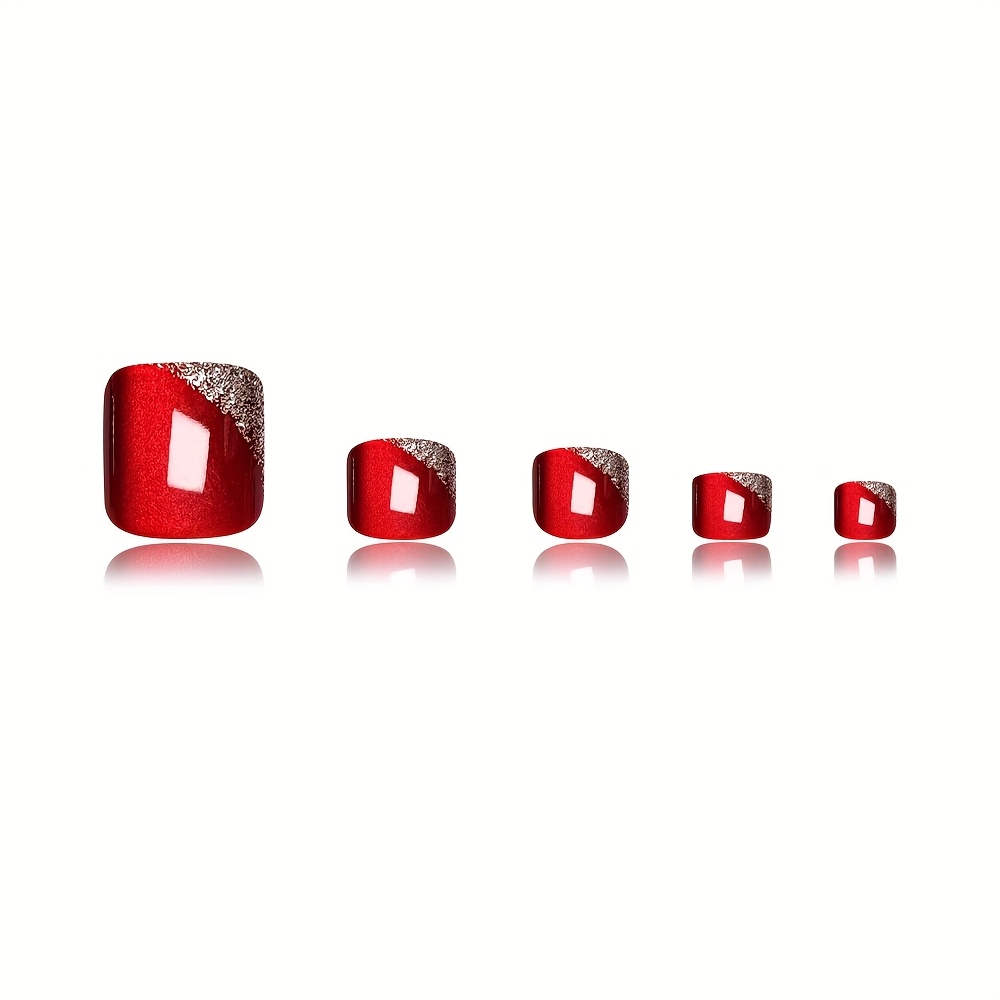 Glossy Shiny Cat Eye Press On Toenails Red French - Image 8