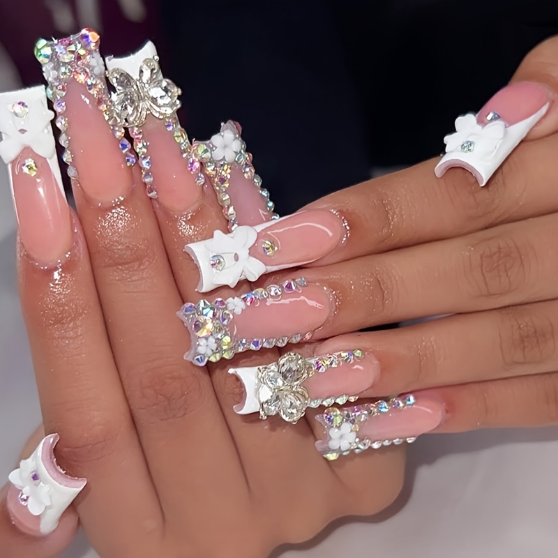 White French Long Square 3D Rhinestone Bows, Butterfly & Flower Design - Image 1