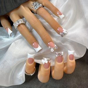 Duckbill Shape Short White French Style with AB Rhinestone