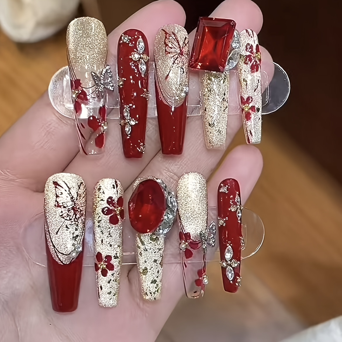 French Butterfly Rhinestone Sparkle Nail Art - Image 1