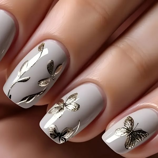 Elegant Floral & Butterfly Design Short Square Shape | Press On Nails