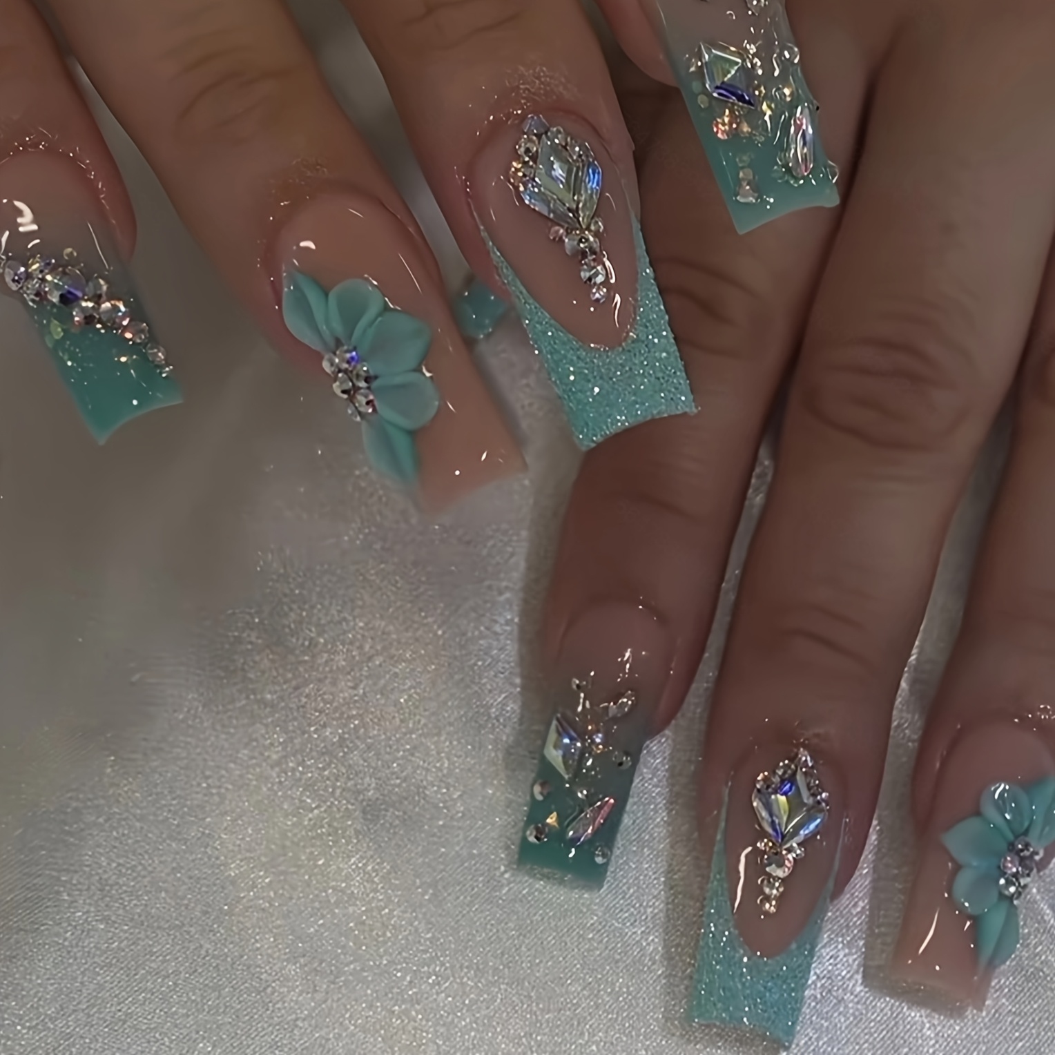 Square Nude Color, French Blue-green Mint Green Sparkling Nail Art - Image 2