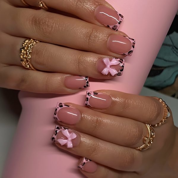 Short Square Press On Nails Pink French Leopard
