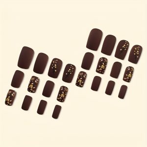 Medium Square Press On Nails - Brown & Golden French Style - Image 5