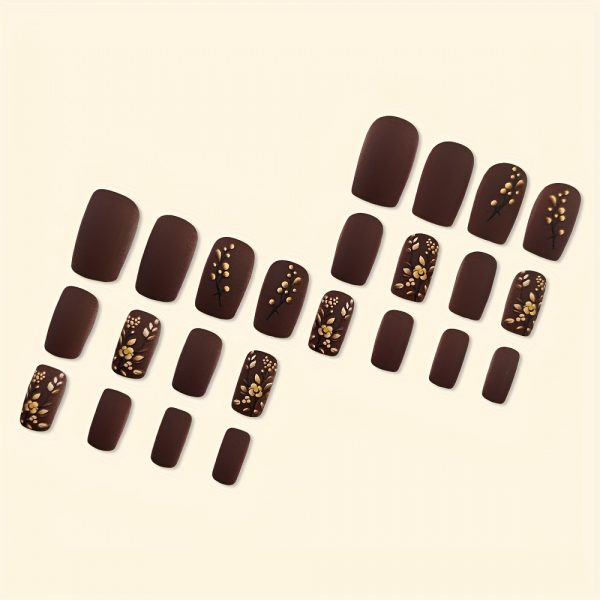 Medium Square Press On Nails - Brown & Golden French Style - Image 5