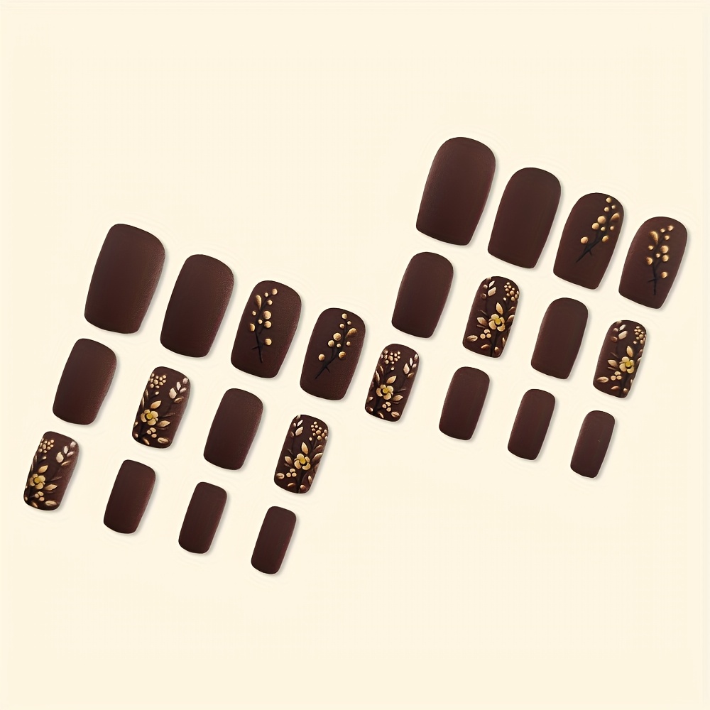 Medium Square Press On Nails - Brown & Golden French Style - Image 5