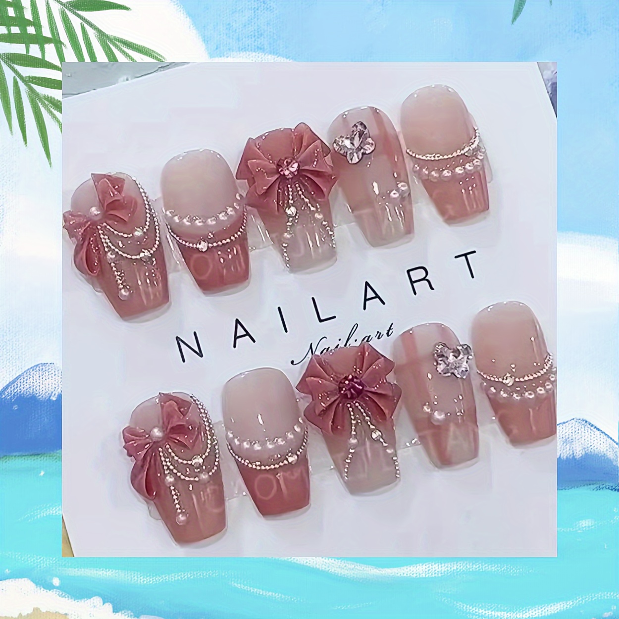 Pink Princess Gradient Butterfly Bow Square Shape Nail - Image 3
