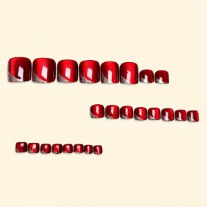 Glossy Shiny Cat Eye Press On Toenails Red French - Image 5