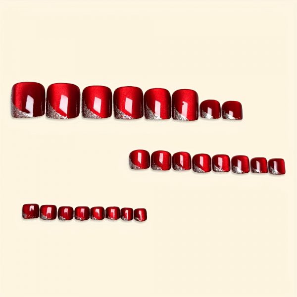 Glossy Shiny Cat Eye Press On Toenails Red French - Image 5