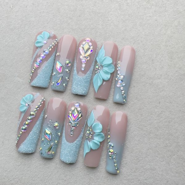 Square Nude Color, French Blue-green Mint Green Sparkling Nail Art - Image 7