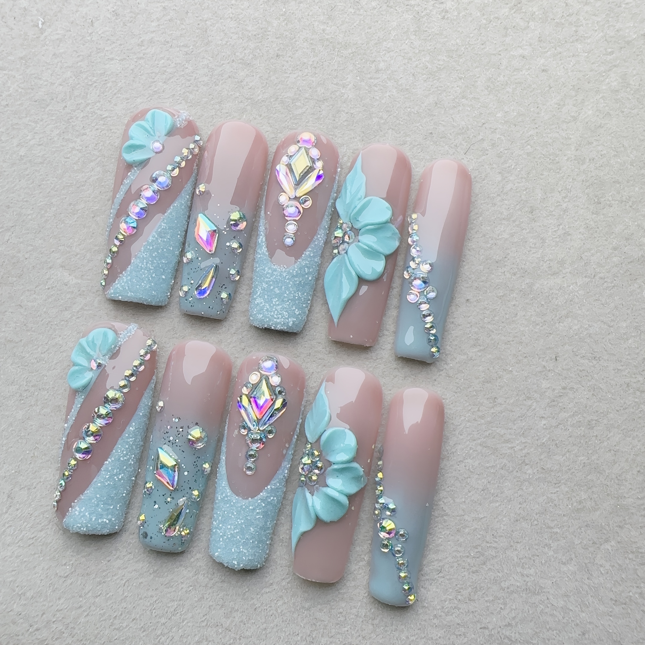 Square Nude Color, French Blue-green Mint Green Sparkling Nail Art - Image 7