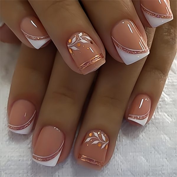 24pcs Glossy Square Round French Rose Golden White Striped Leaf