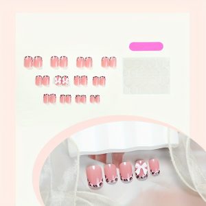 Short Square Press On Nails Pink French Leopard - Image 3