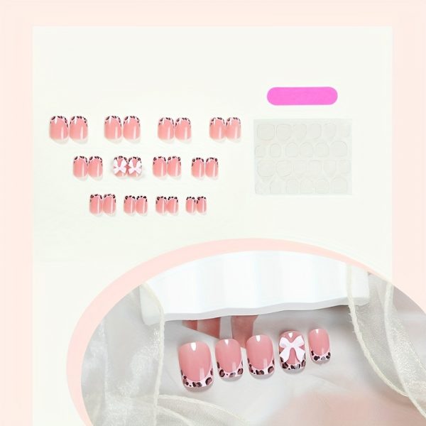 Short Square Press On Nails Pink French Leopard - Image 3