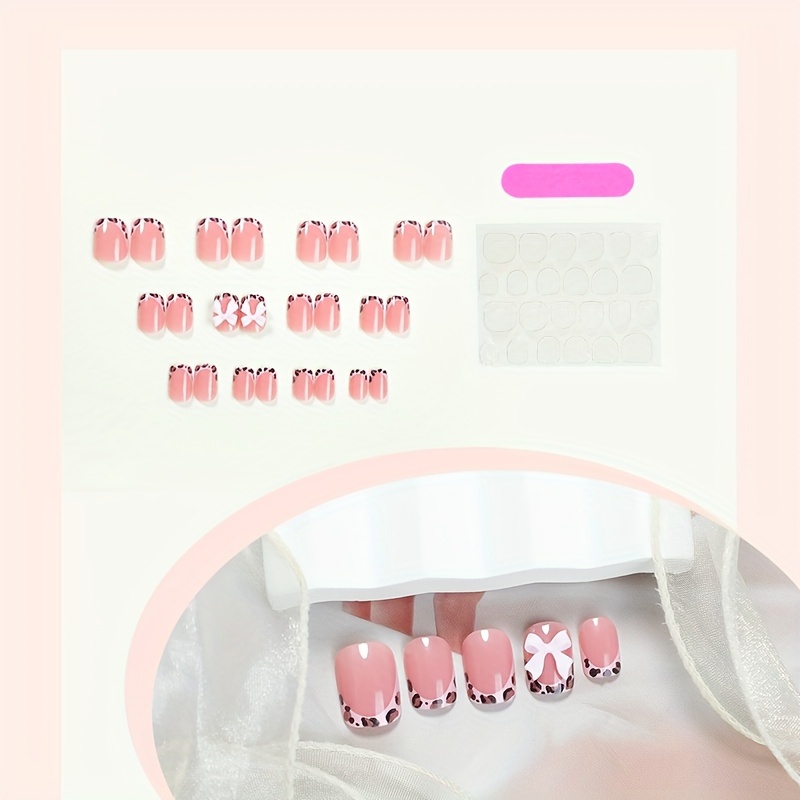 Short Square Press On Nails Pink French Leopard - Image 3