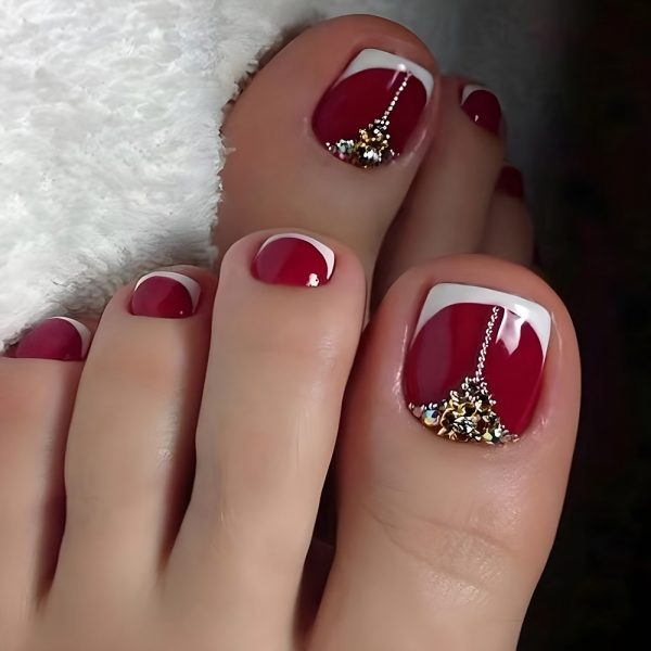 Red & White Glossy Press-On Toenails - Short Square