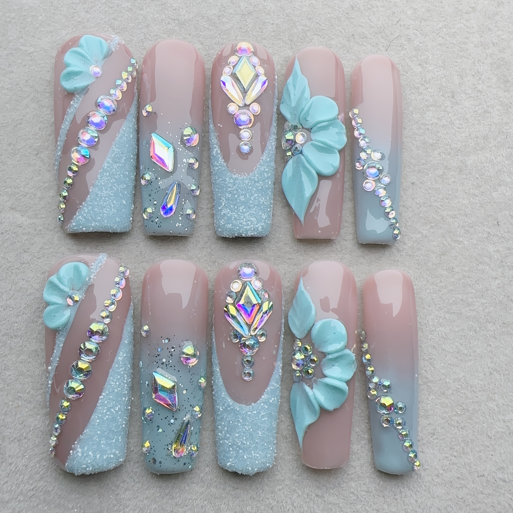 Square Nude Color, French Blue-green Mint Green Sparkling Nail Art - Image 6
