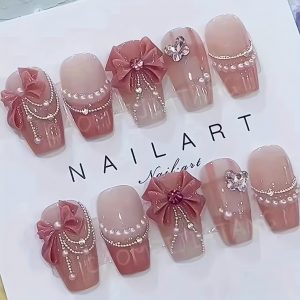 Pink Princess Gradient Butterfly Bow Square Shape Nail