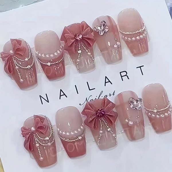 Pink Princess Gradient Butterfly Bow Square Shape Nail