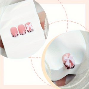 Short Square Press On Nails Pink French Leopard - Image 2