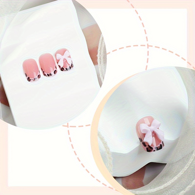 Short Square Press On Nails Pink French Leopard - Image 2
