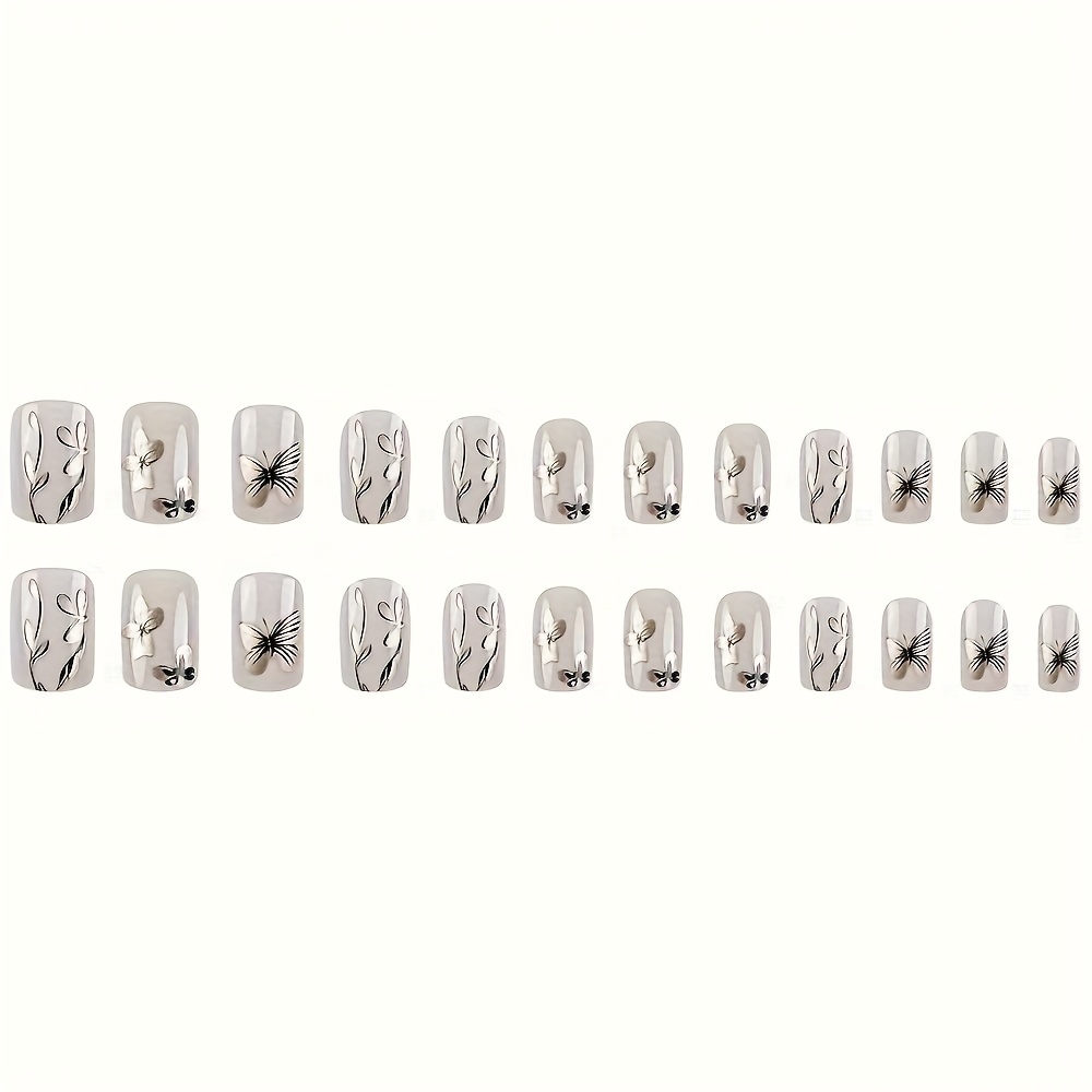 Elegant Floral & Butterfly Design Short Square Shape | Press On Nails - Image 2